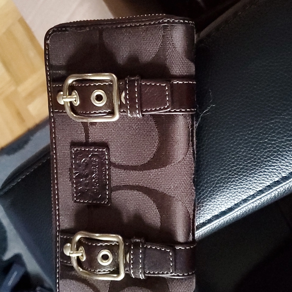 Coach brown leather and canvas buckle detail wallet